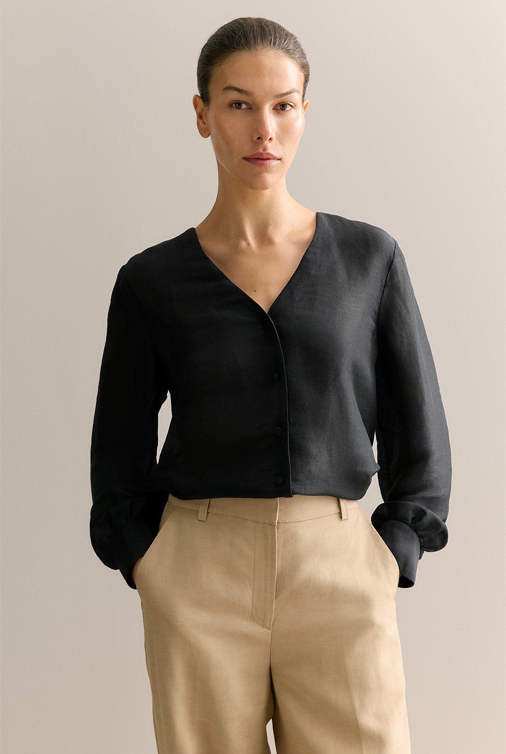 Linen Silk V Neck Blouse