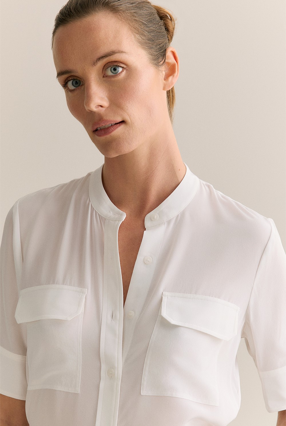 Silk Collarless Pocket Detail Shirt