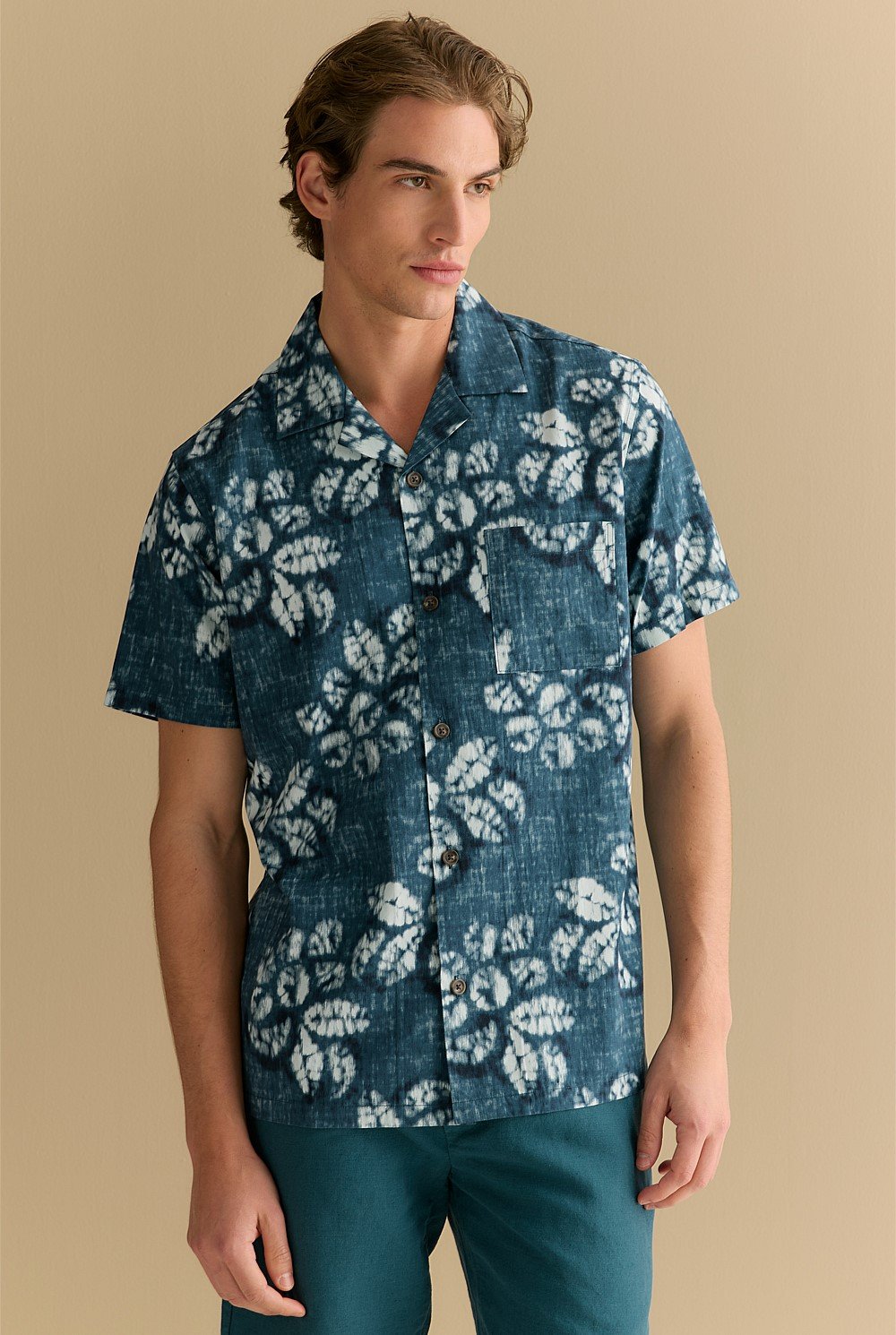 Cotton Blend Washed Floral Short Sleeve Shirt