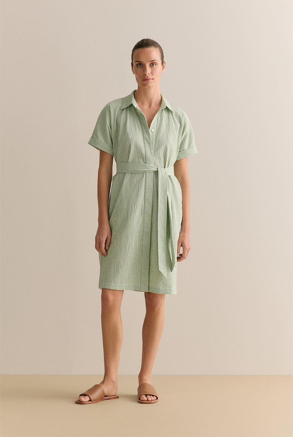 Yarn Dyed Seersucker Short Sleeve Shirt Dress