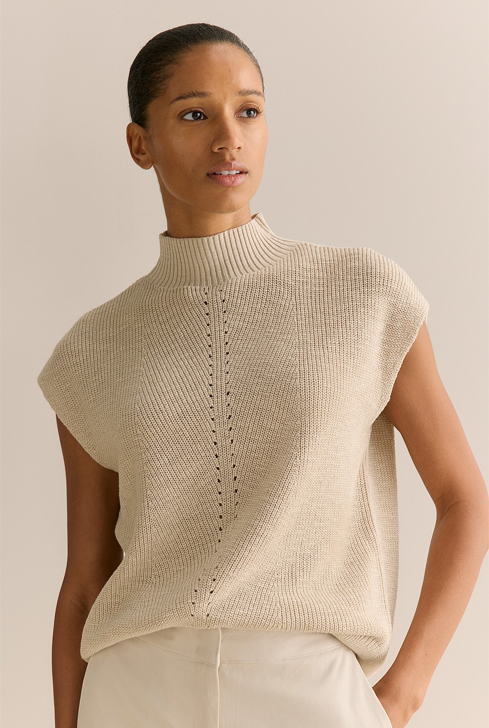 Linen Cotton Mock Neck Relaxed Knit Top