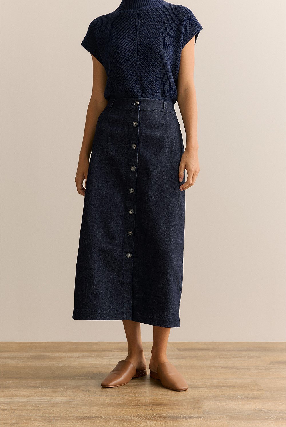 Australian Cotton Blend Denim Button Through Skirt