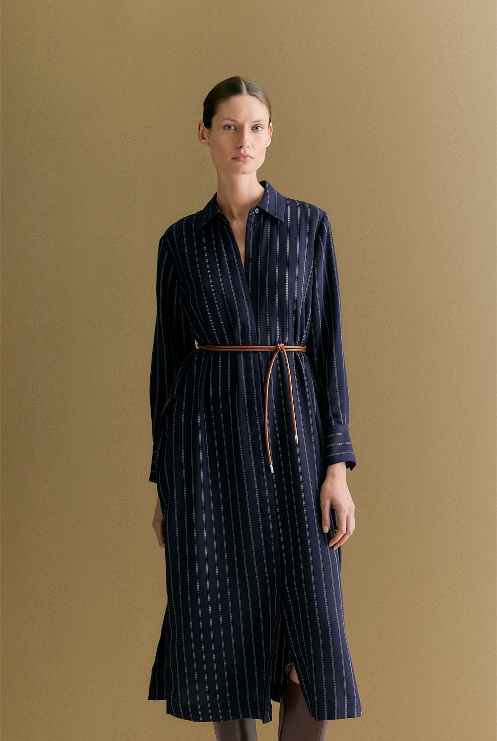 Twill Pinstripe Belted Dress