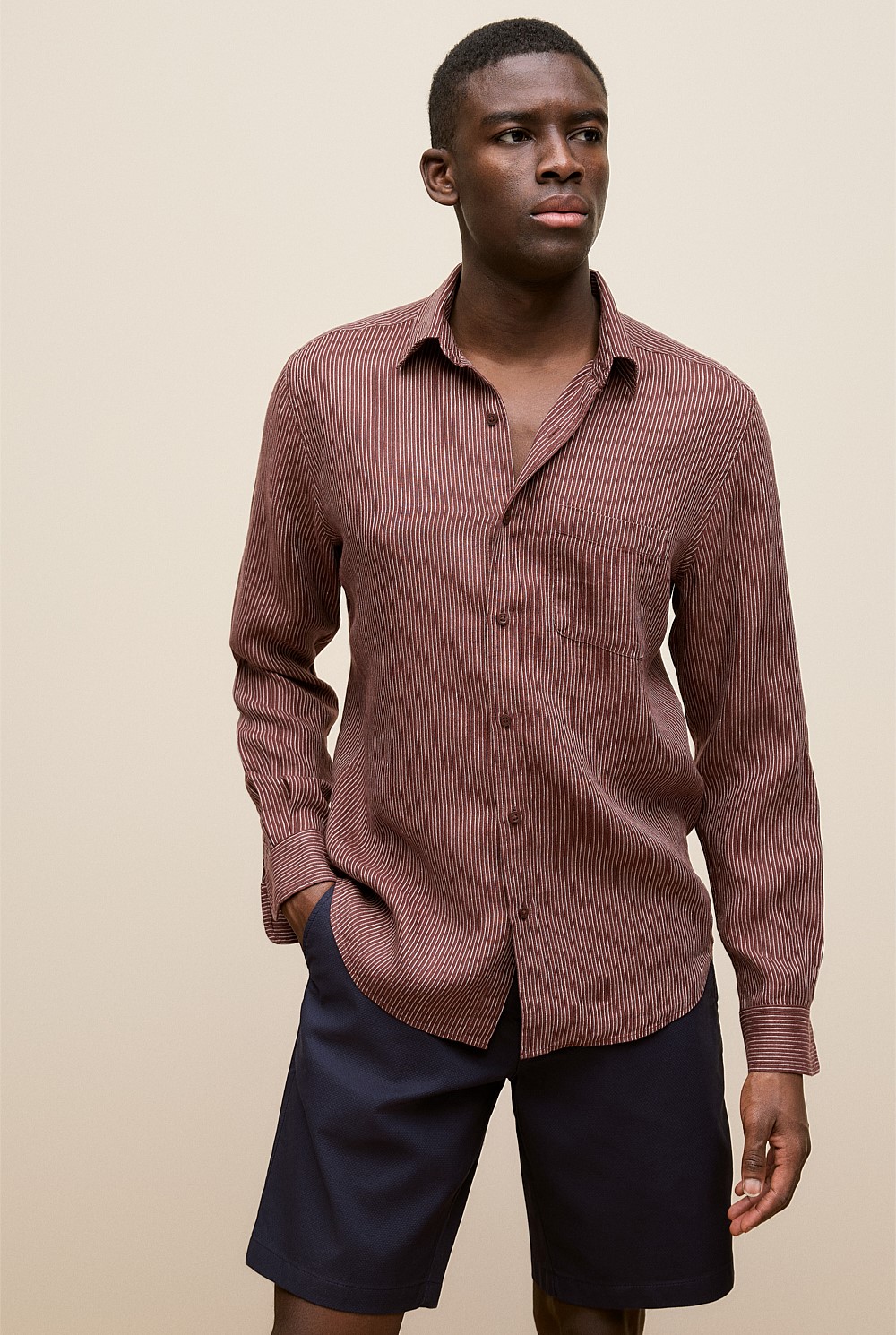 Regular Fit Fine Stripe Linen Long Sleeve Shirt