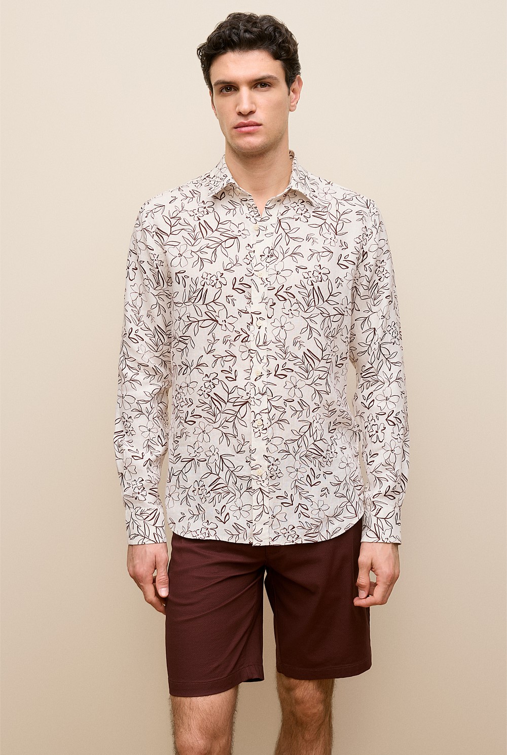 Regular Fit Floral Linen Long Sleeve Shirt