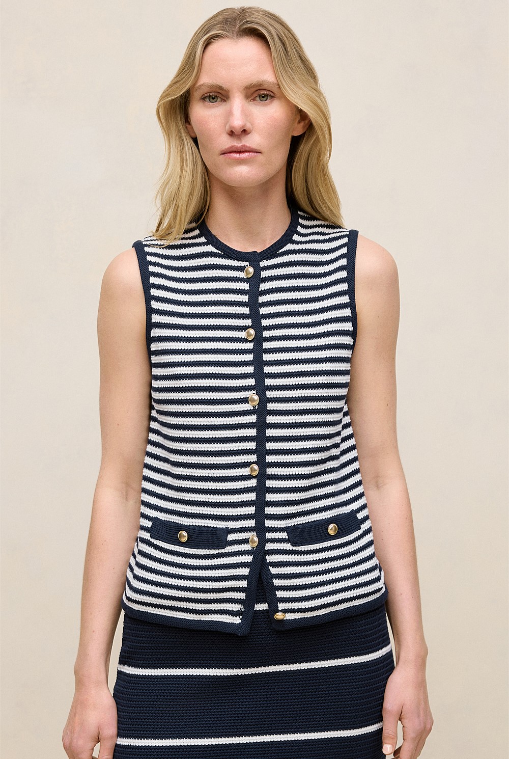 Mercerised Cotton Stripe Button Through Vest