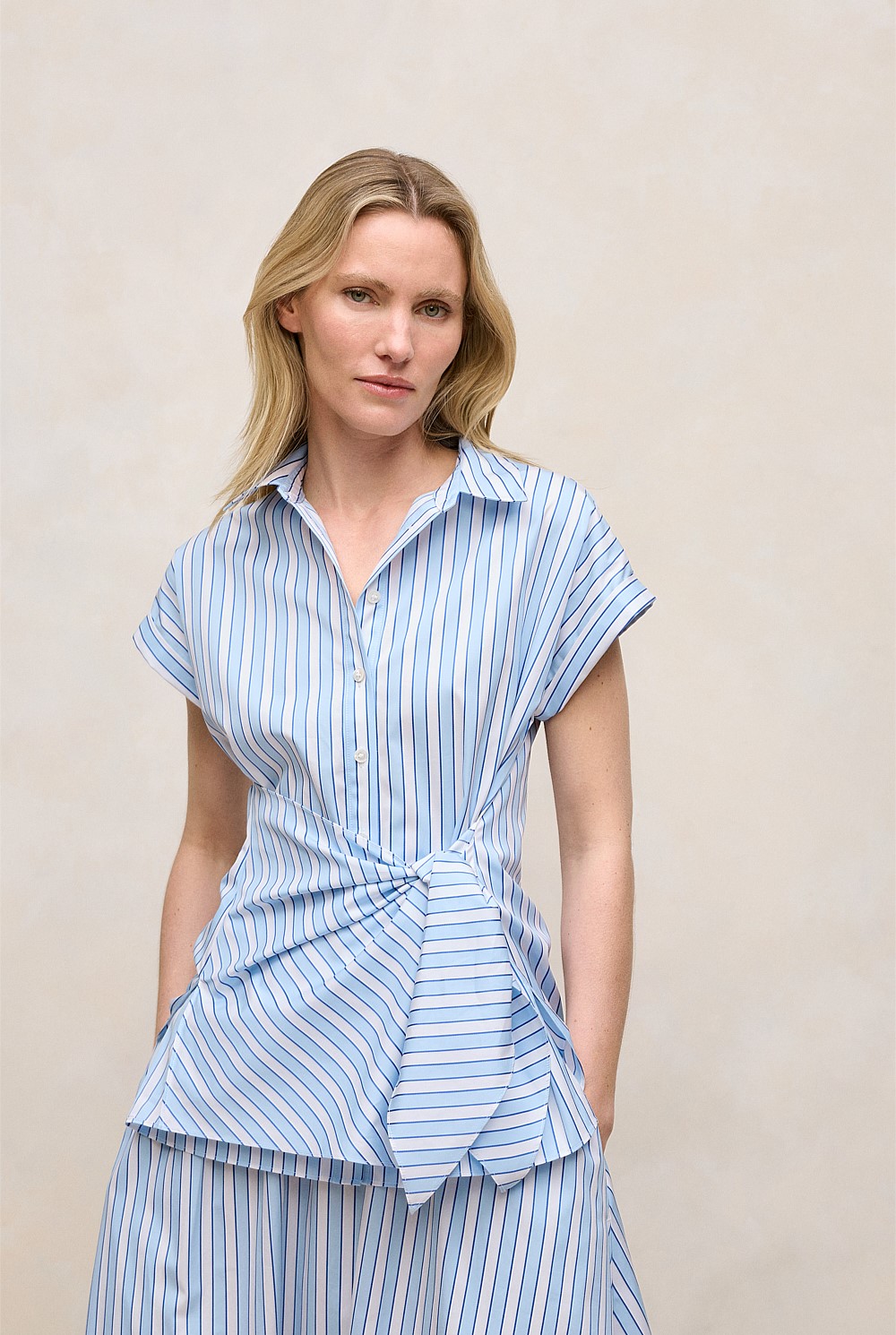 Jacquard Stripe Poplin Tie Front Shirt