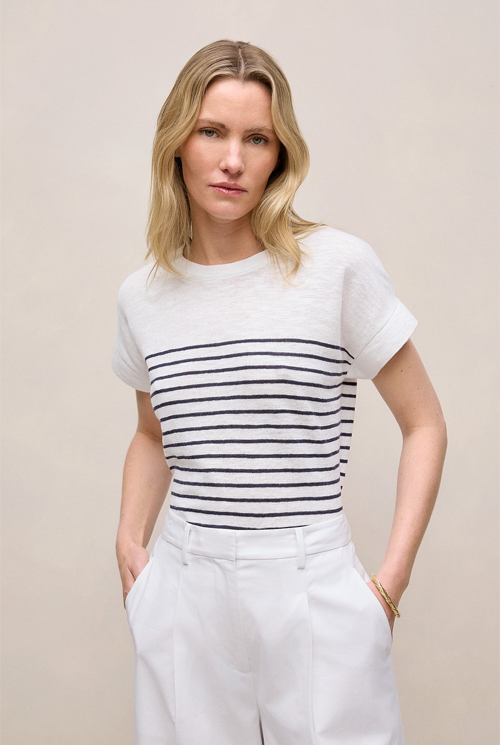 Linen Cotton Stripe Relaxed Crew T-shirt