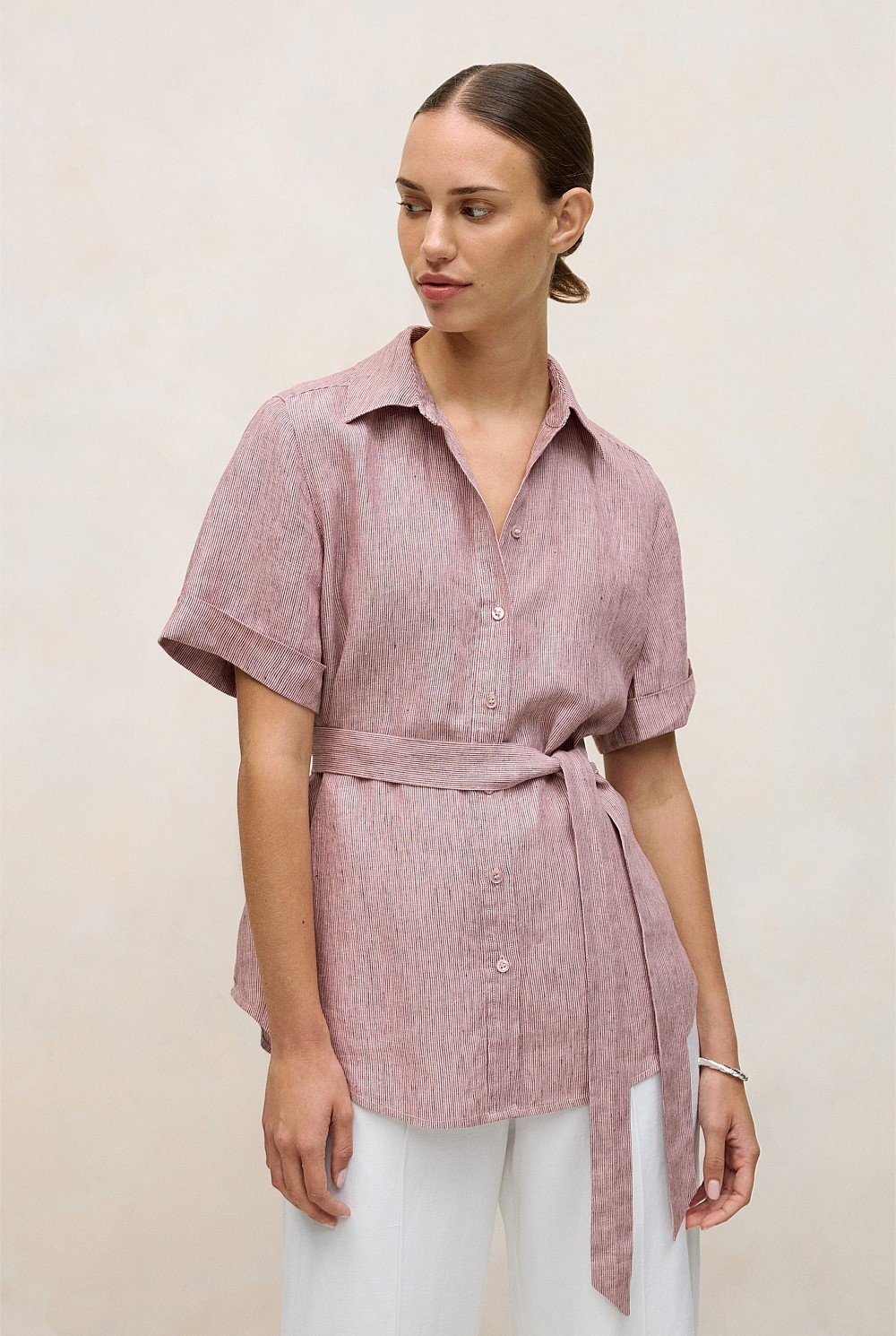 Linen End On End Stripe Belted Shirt