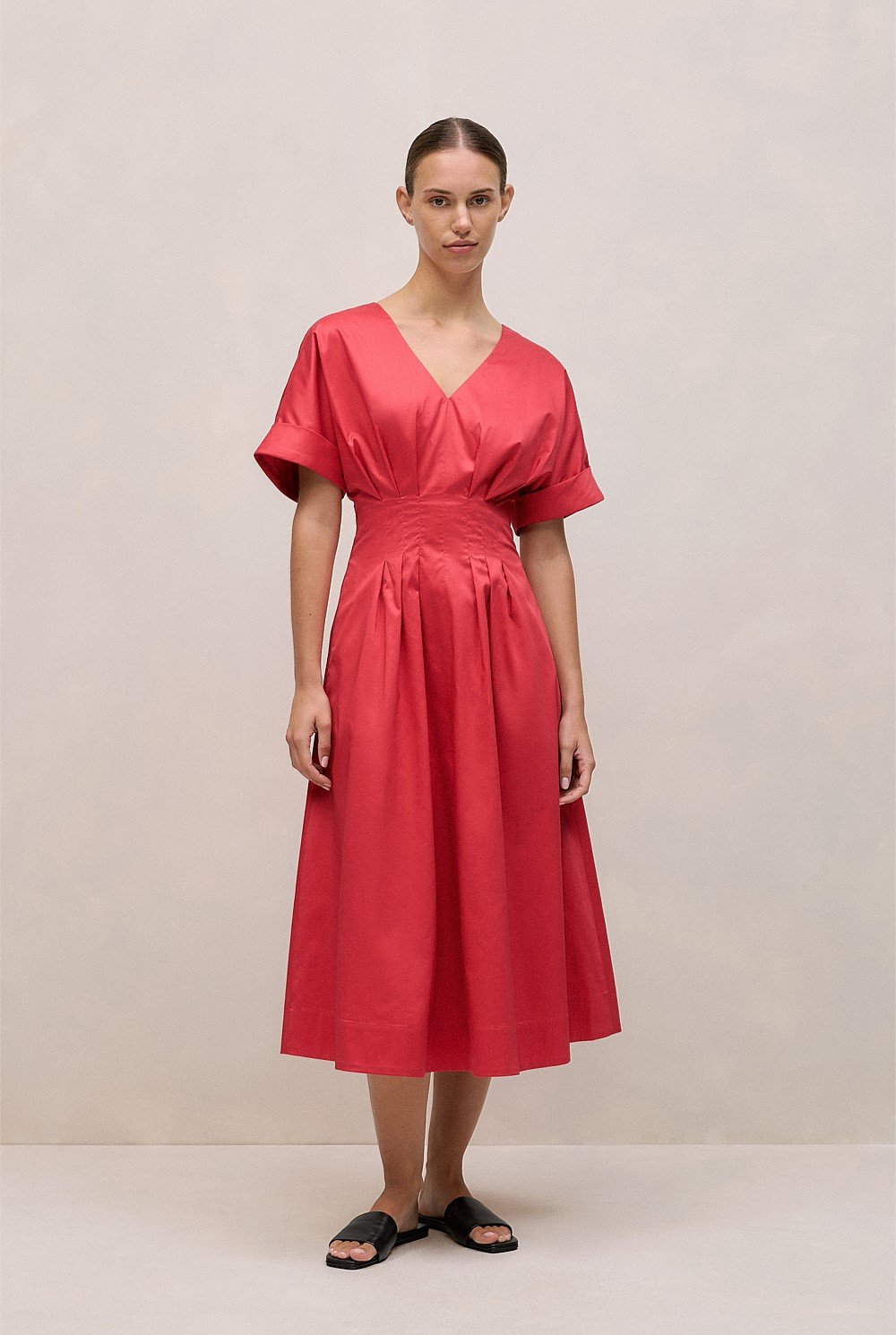 Cotton Sateen Pleat Waist Dress