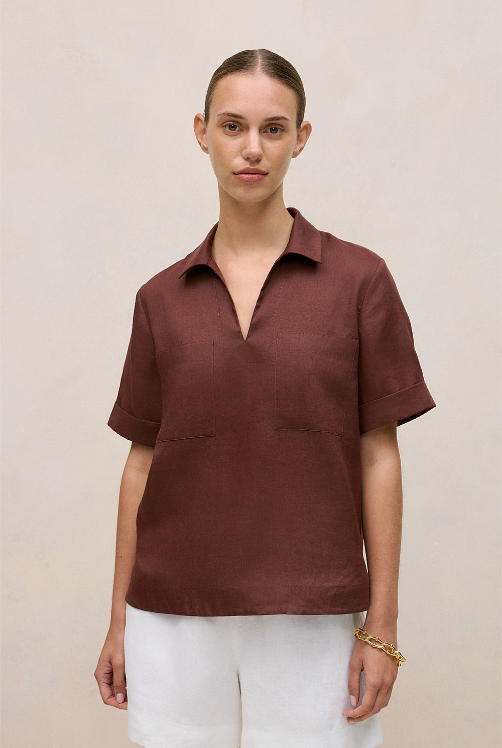 Ramie Collared Popover Shirt