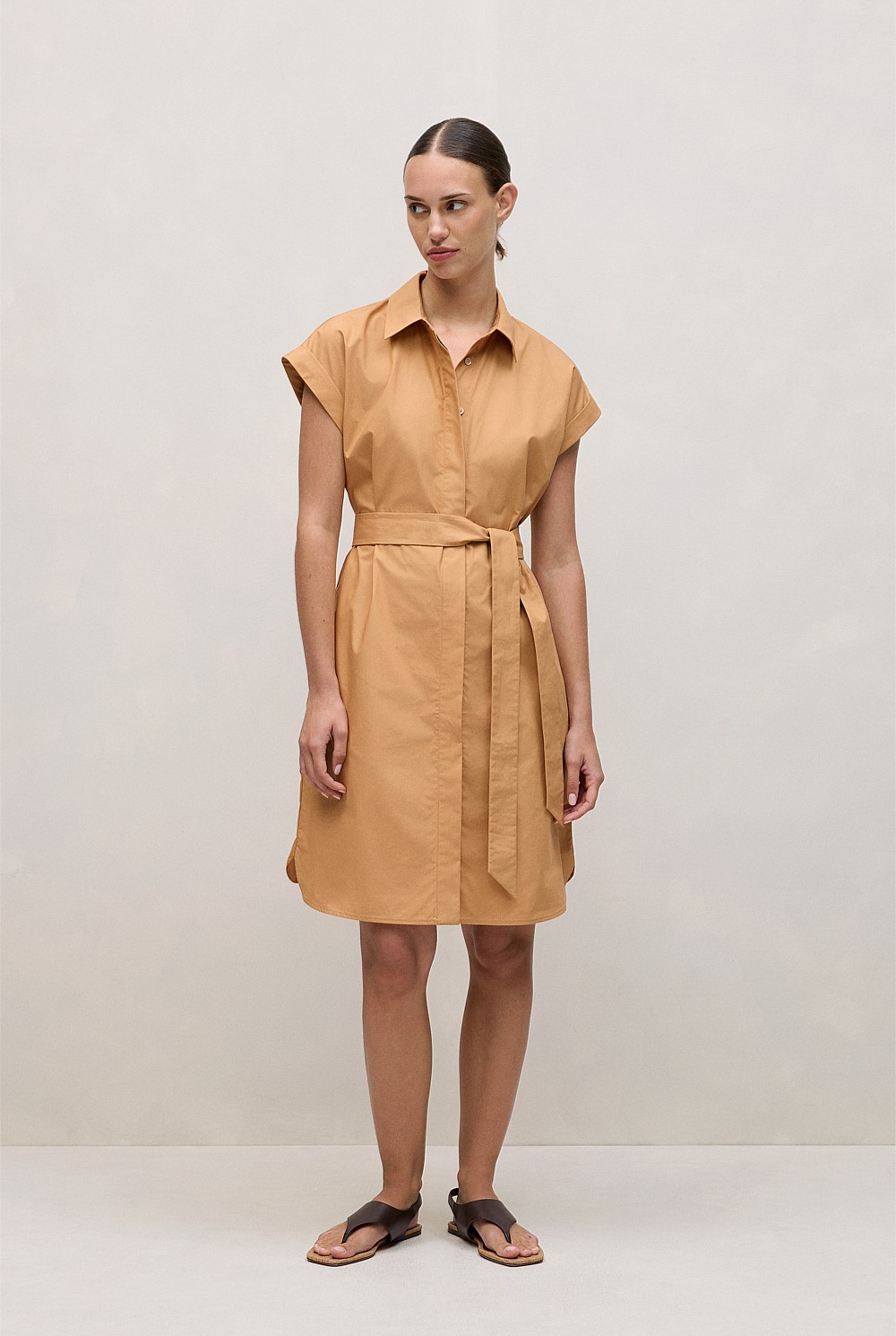 Cotton Poplin Cap Sleeve Shirt Dress