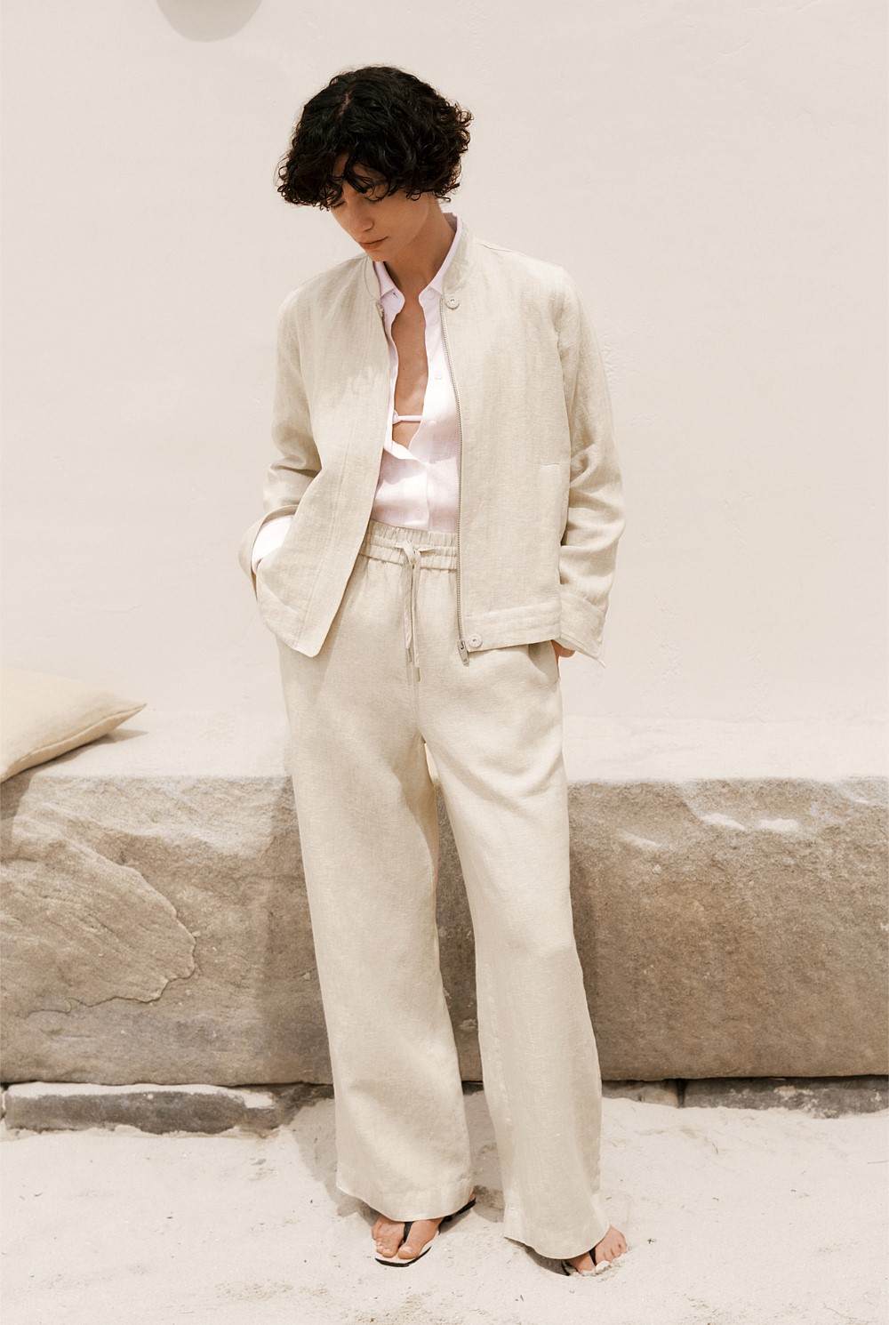 Yarn Dyed Linen Drawcord Wide Leg Pant
