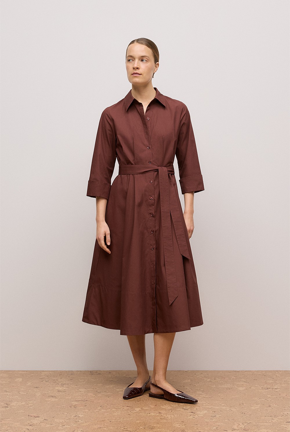 Cotton Poplin Cuff Detail Shirt Dress