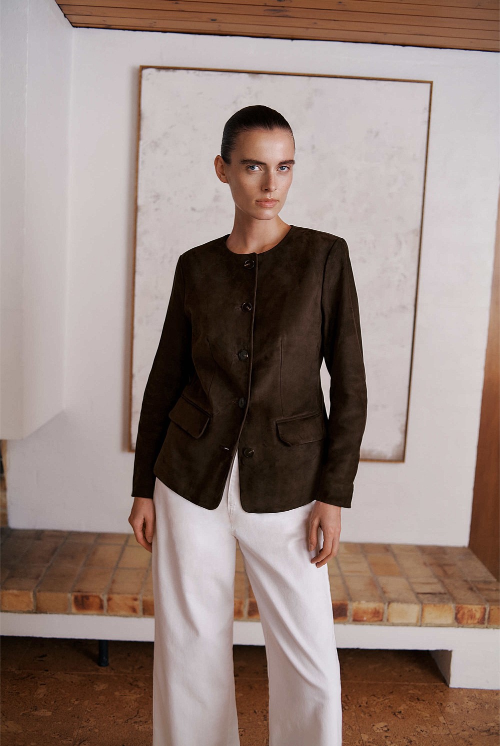 Suede Collarless Jacket