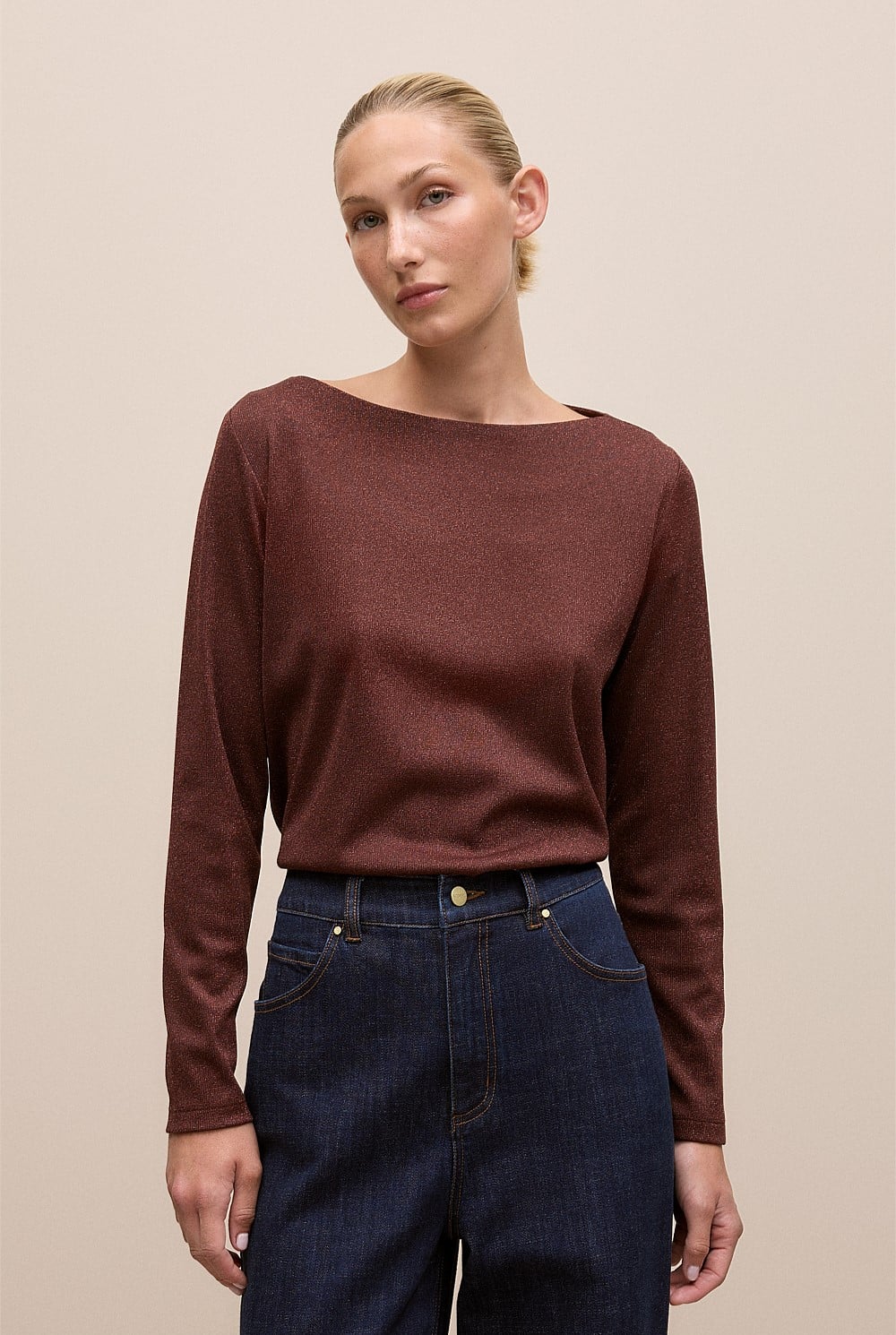 Metallic Boat Neck Long Sleeve T-Shirt