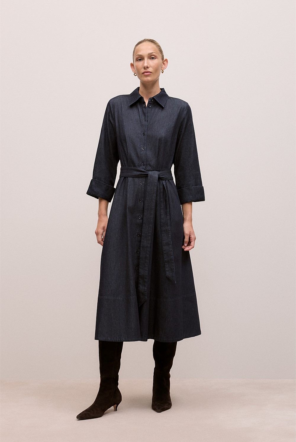 Denim Pleat Detail Shirt Dress