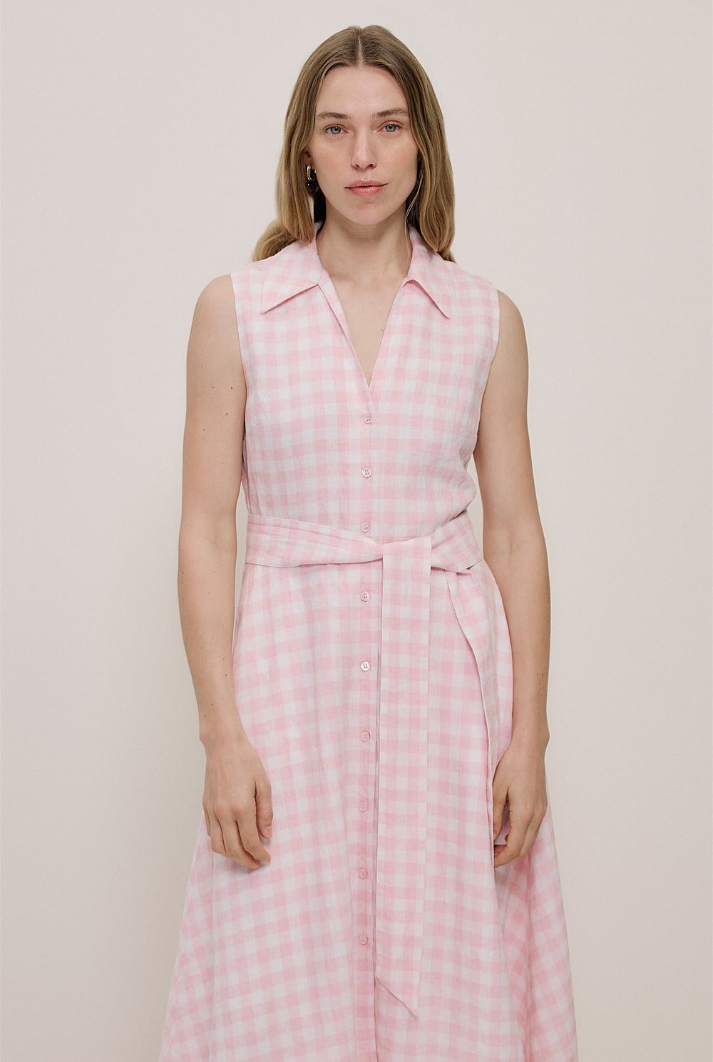 Gingham Linen Sleeveless Shirt Dress