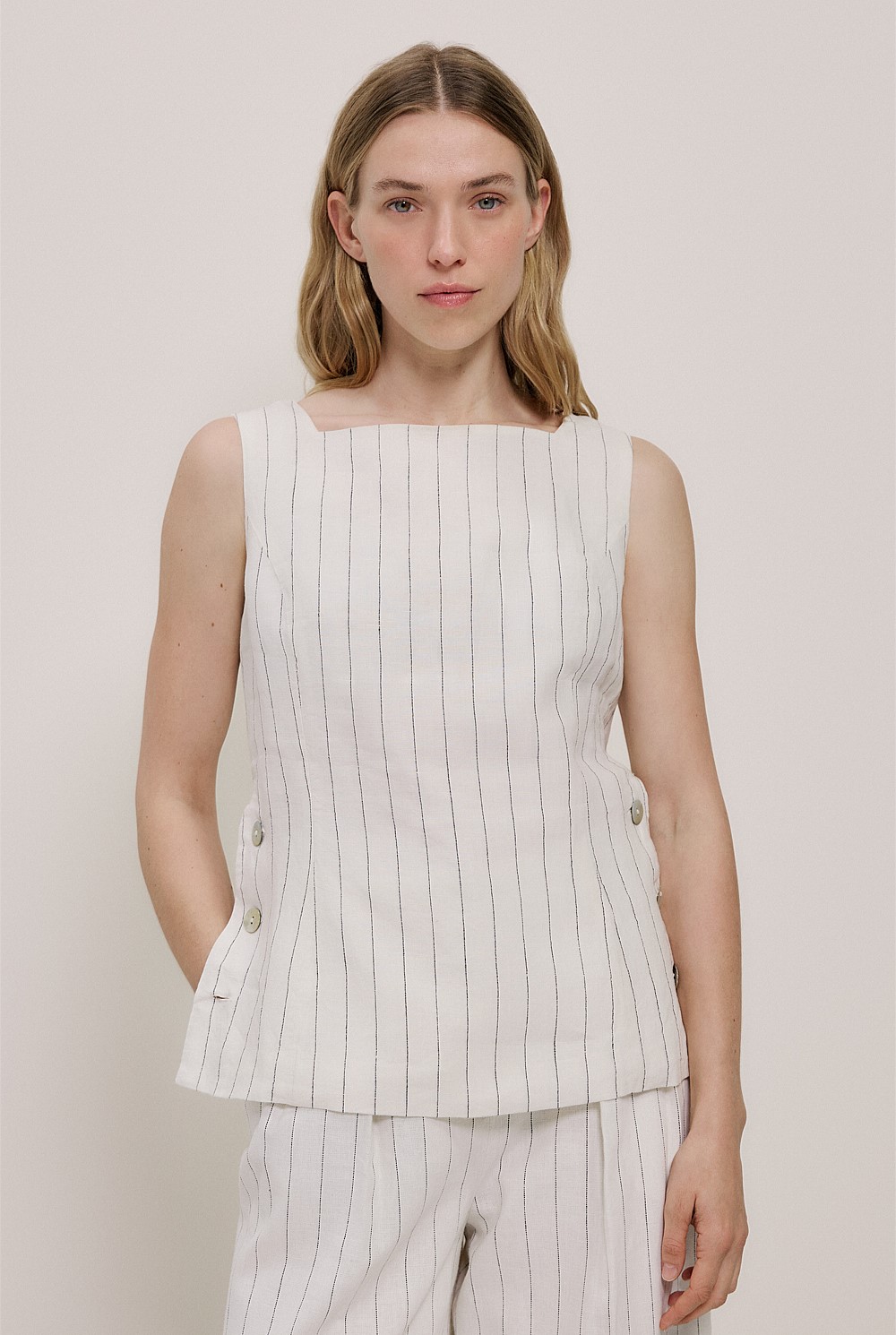 Linen Pinstripe Sleeveless Top
