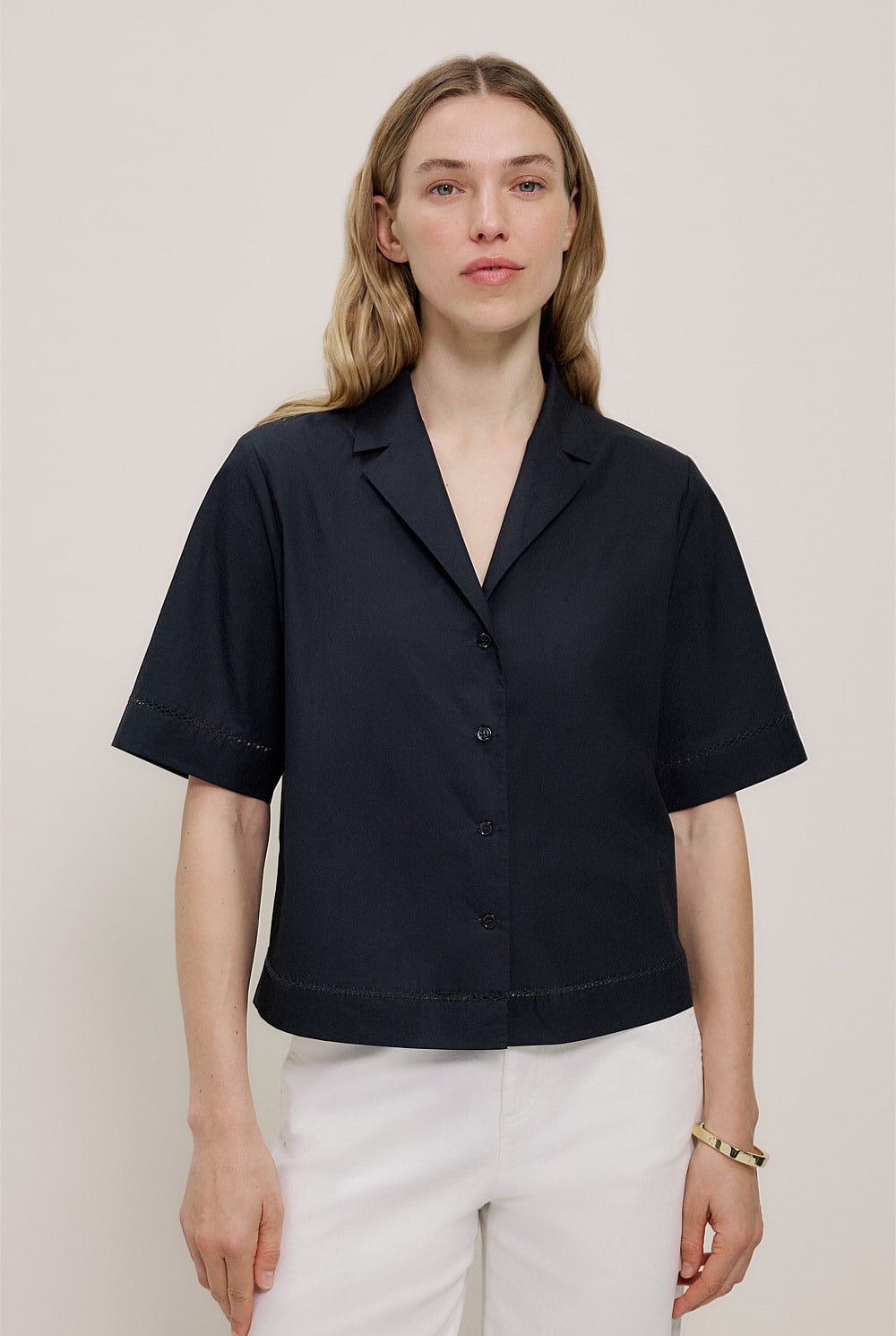 Poplin Lattice Trim Short Sleeve Shirt