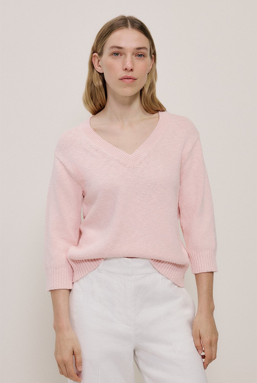Cotton Linen Textured V Neck Knit