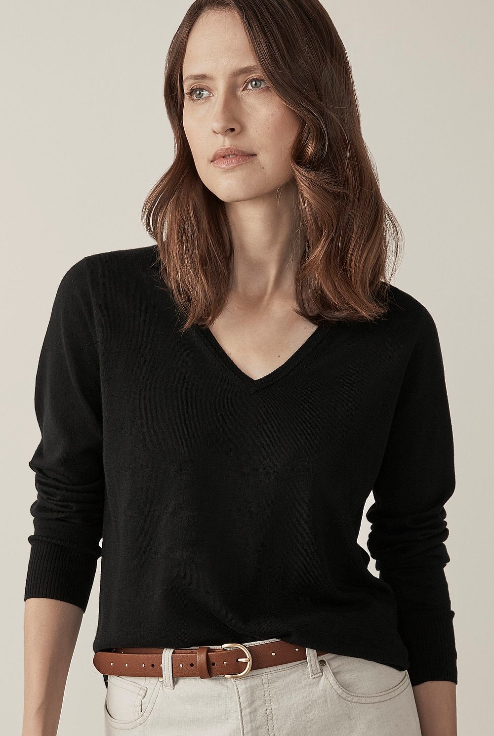 Merino V-Neck Top Over Size Pebble main image 1