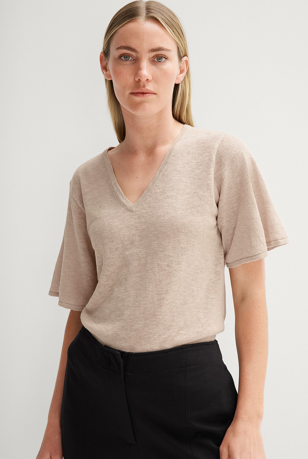 Linen Cotton Flutter Sleeve T-Shirt