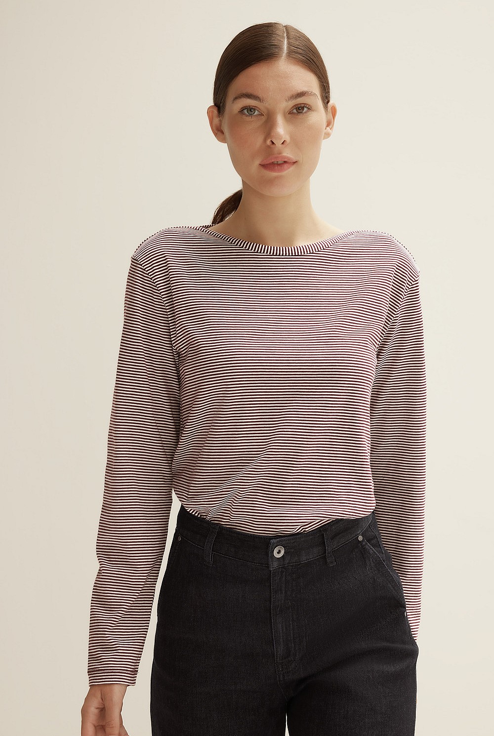 Boat Neck Stripe Long Sleeve T-Shirt