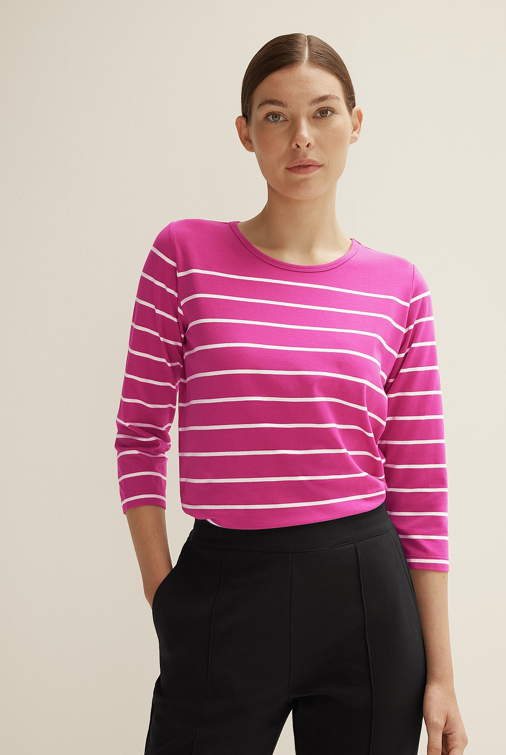 Organic Cotton Stripe 3/4 Sleeve T-Shirt