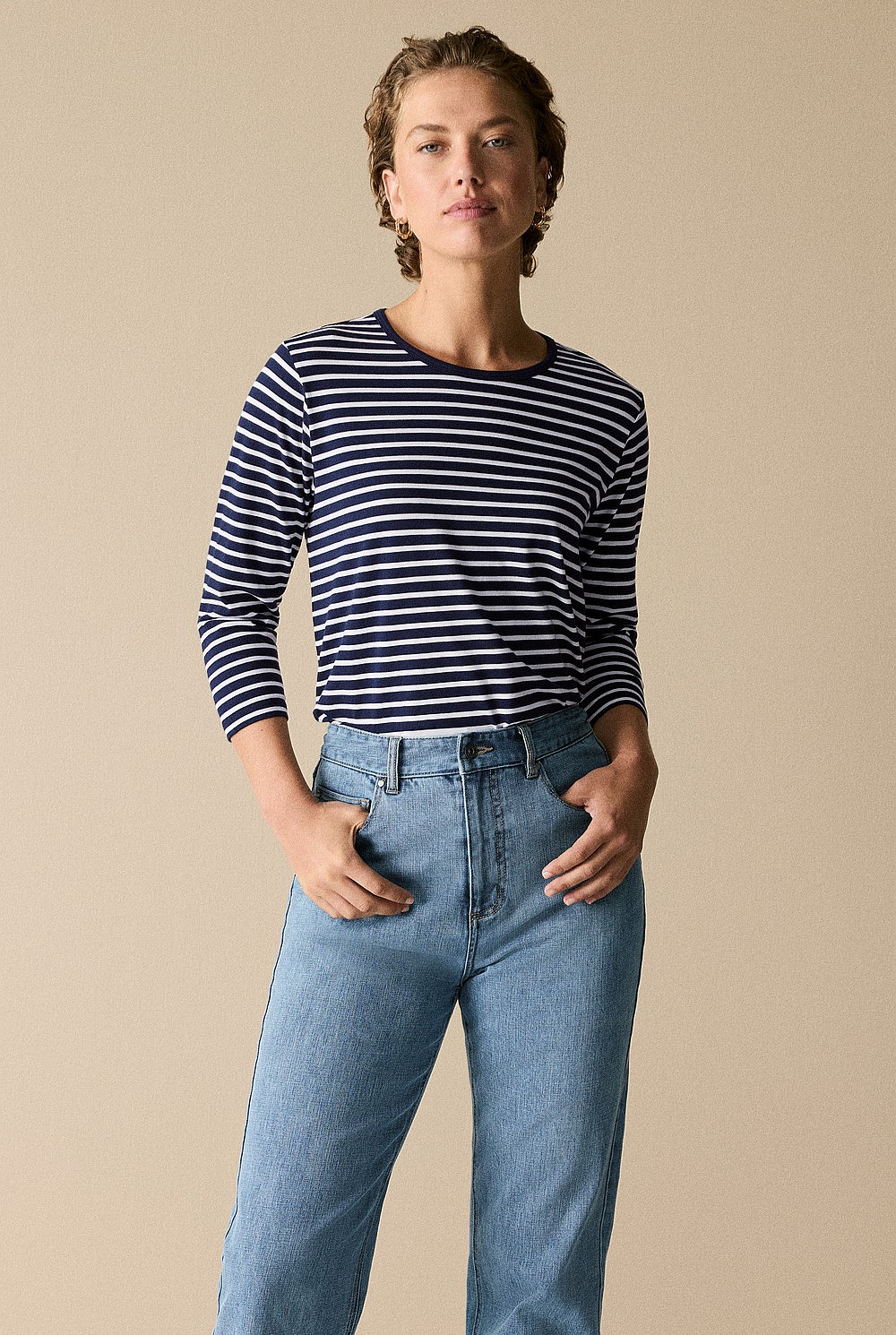 Organically Grown Cotton Stripe 3/4 Sleeve T-shirt