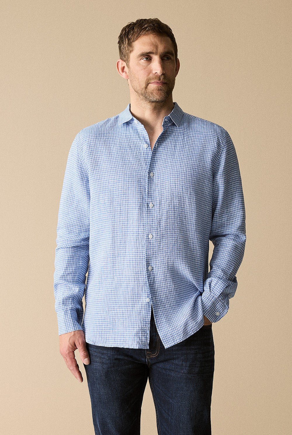 Tailored Fit Linen Mini Grid Check Shirt