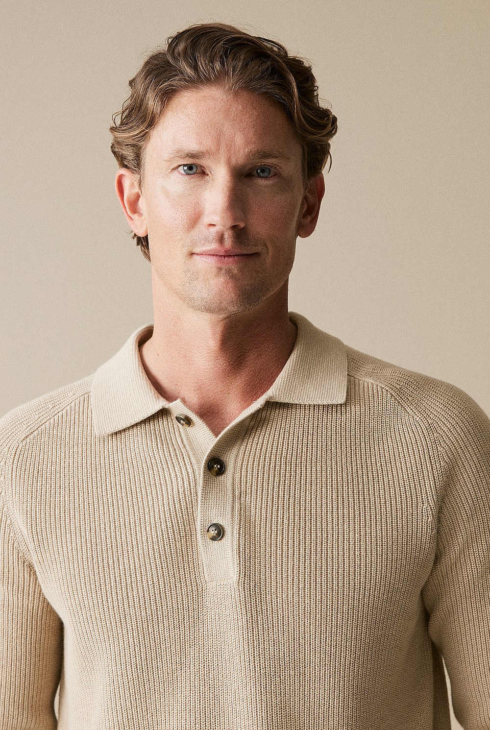 Cotton Rib Knit Long Sleeve Polo