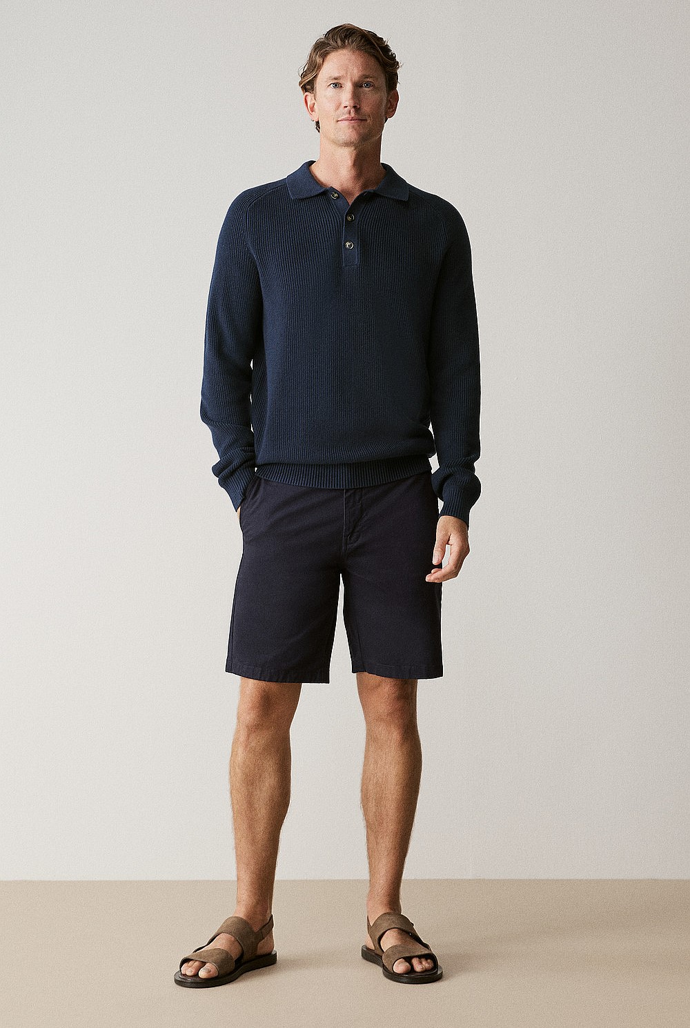 Cotton Rib Knit Long Sleeve Polo