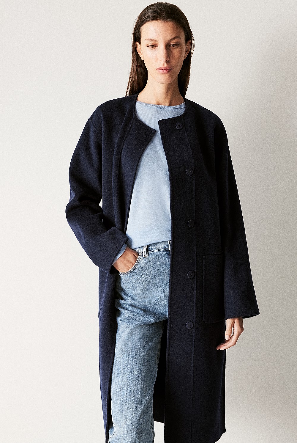 Double Faced Wool Pocketed Classic Coat