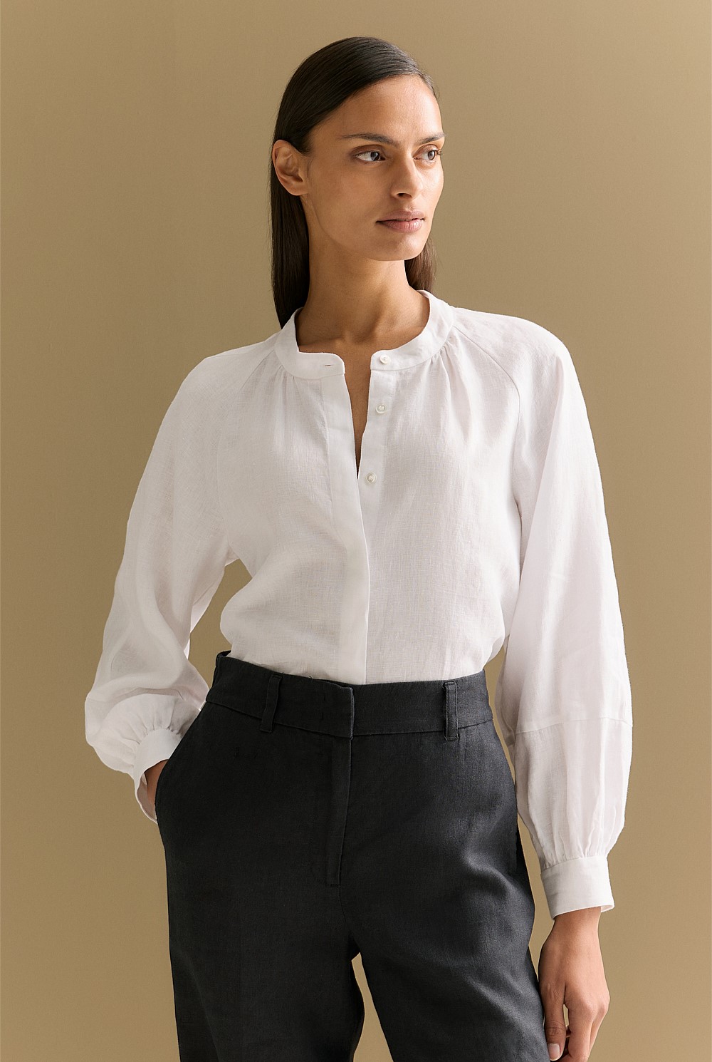 Linen Collarless Blouson Sleeve Blouse