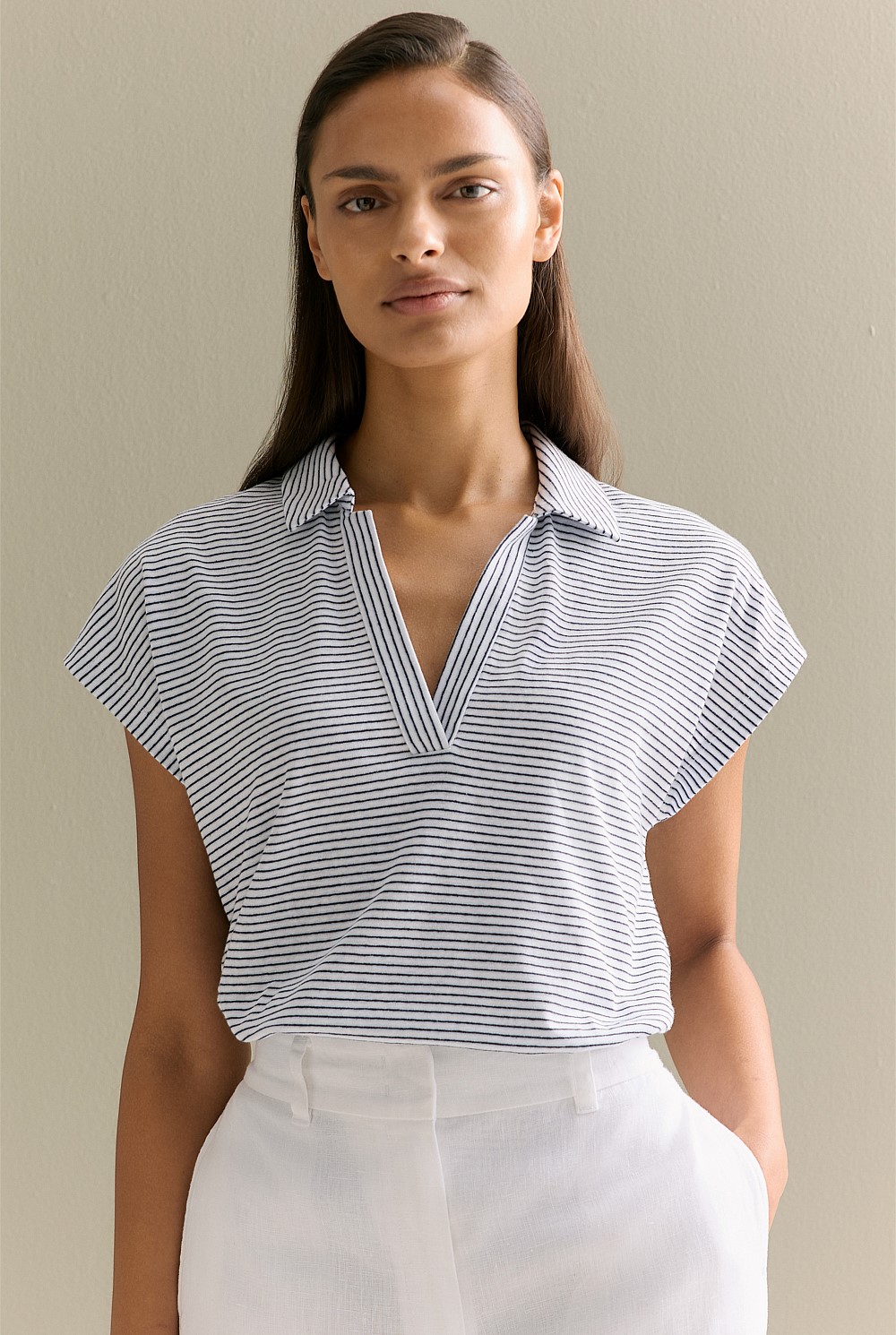 Linen Cotton Stripe Relaxed Cap Sleeve Polo