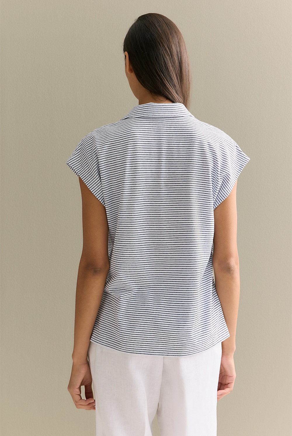 Linen Cotton Stripe Relaxed Cap Sleeve Polo