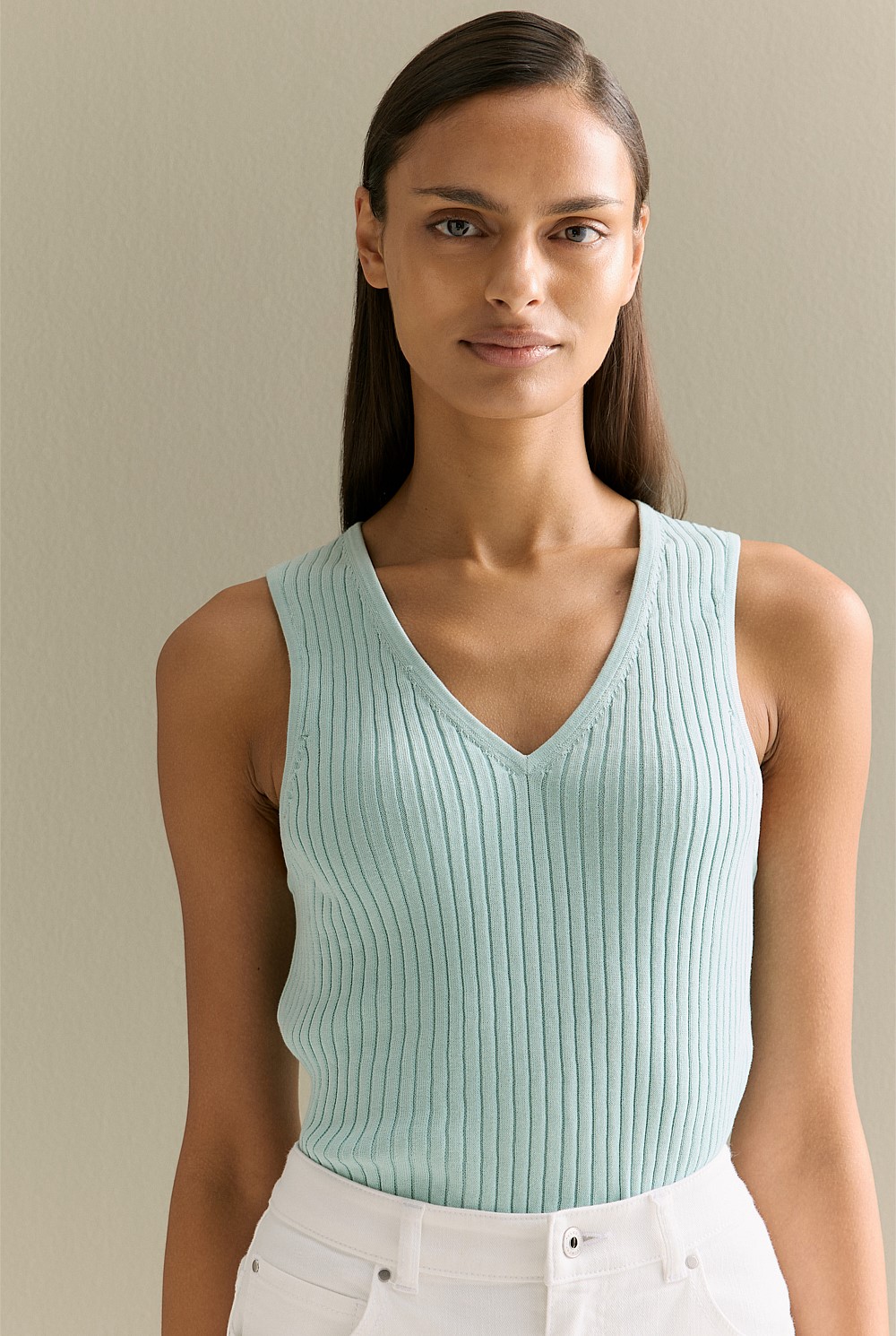 Mercerised Rib V Neck Tank