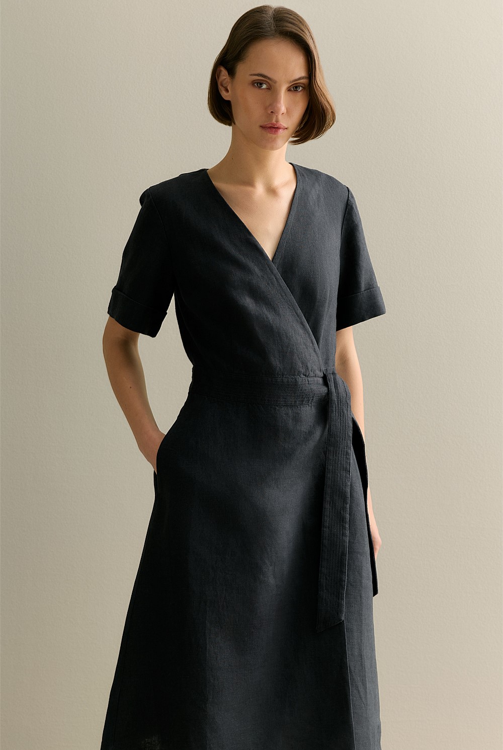 Linen Short Sleeve Wrap Dress