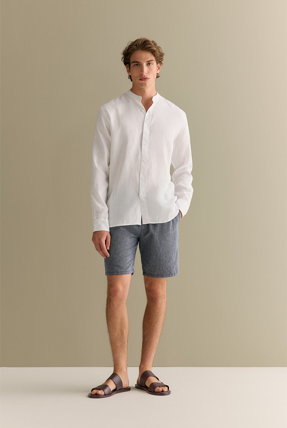 Regular Fit Linen Mandarin Collar Shirt