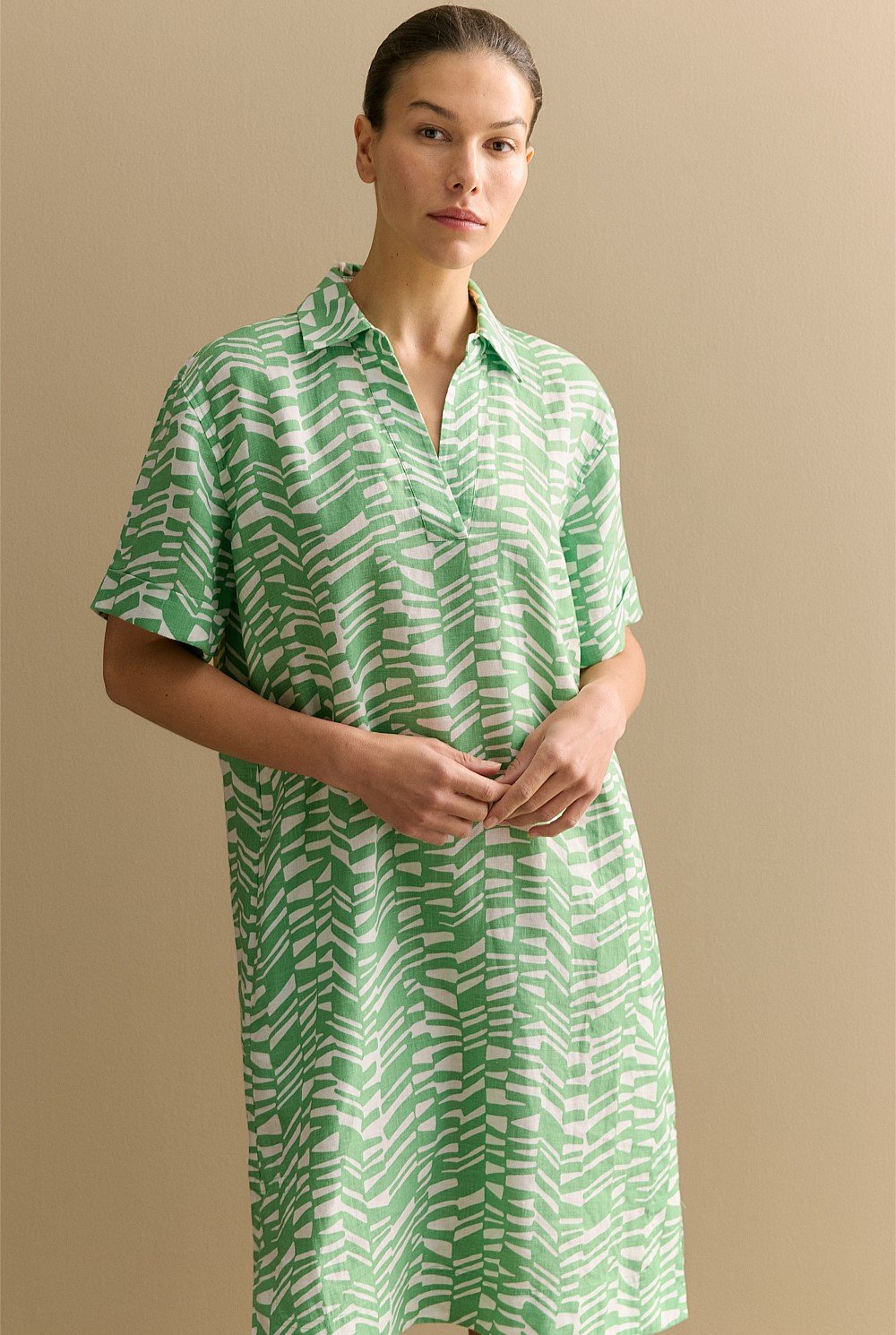 Linen Abstract Geo Popover Shift Dress