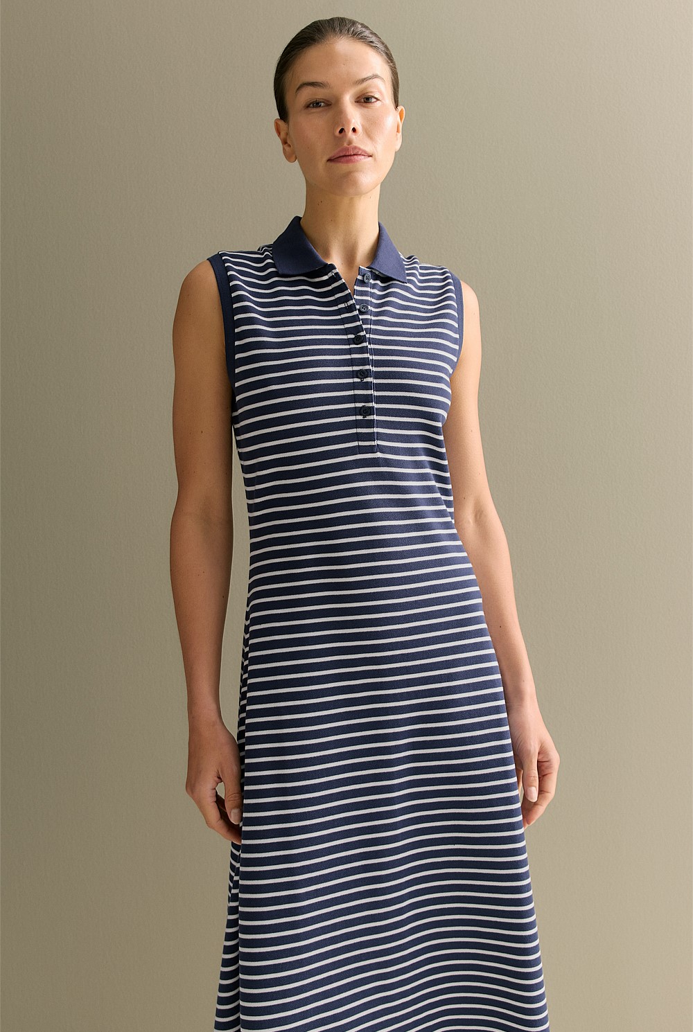 Cotton Pique Stripe Sleeveless Polo Dress