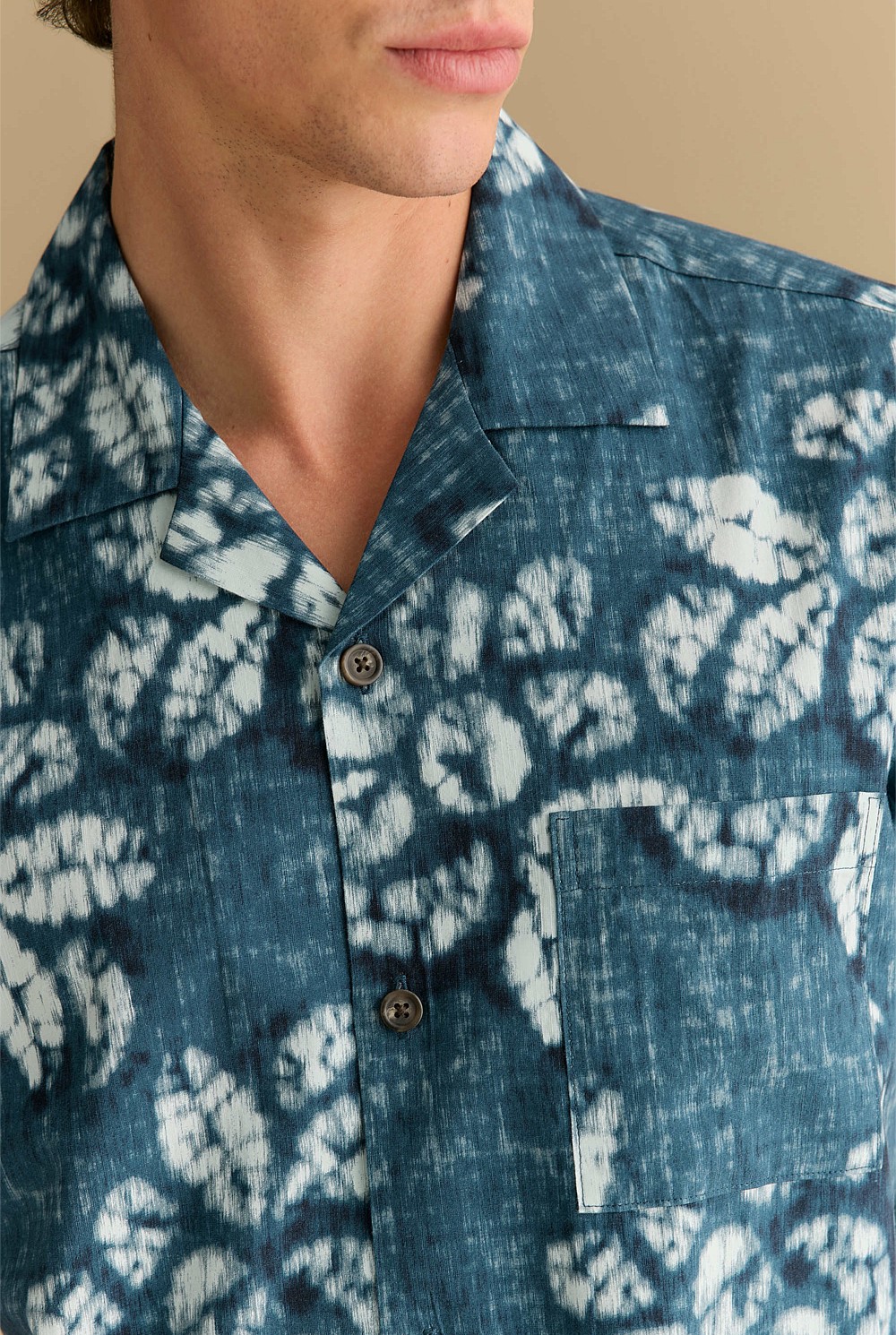 Cotton Blend Washed Floral Short Sleeve Shirt