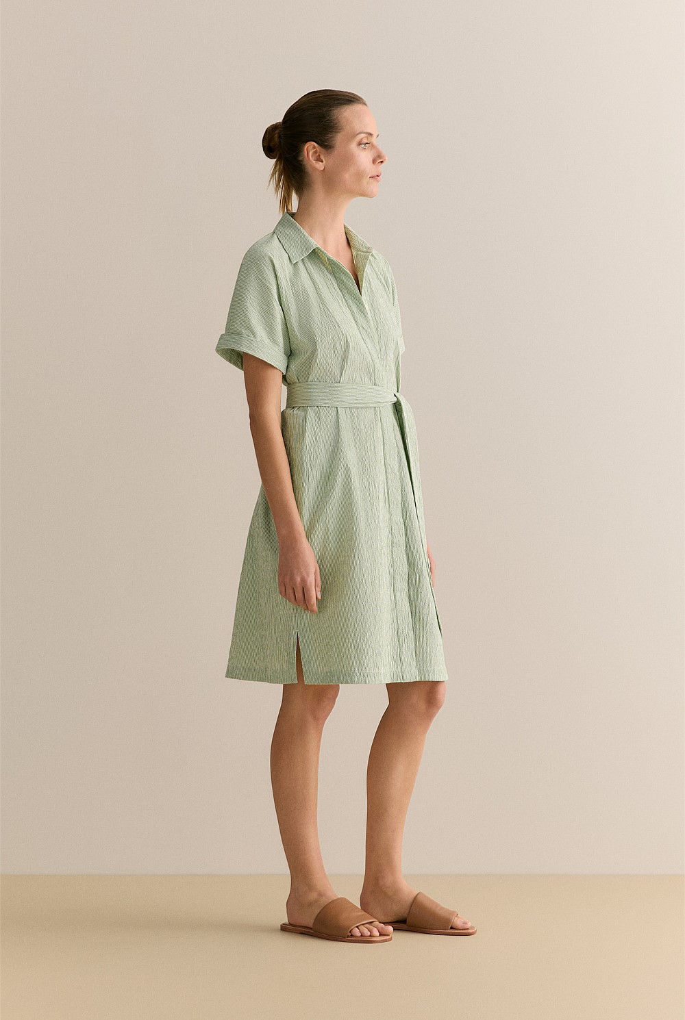 Yarn Dyed Seersucker Short Sleeve Shirt Dress