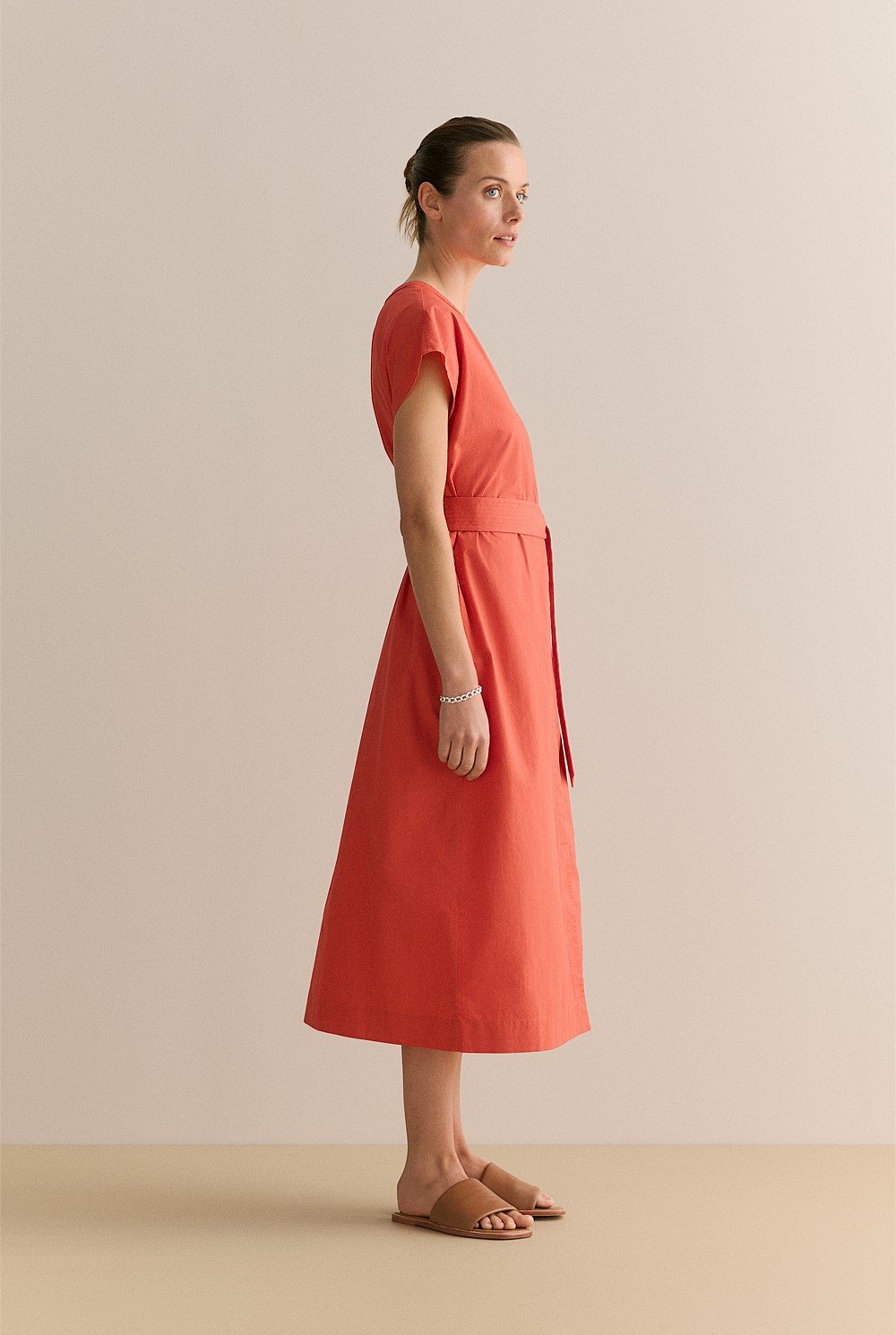 Cotton Poplin Cap Sleeve Belted Dress