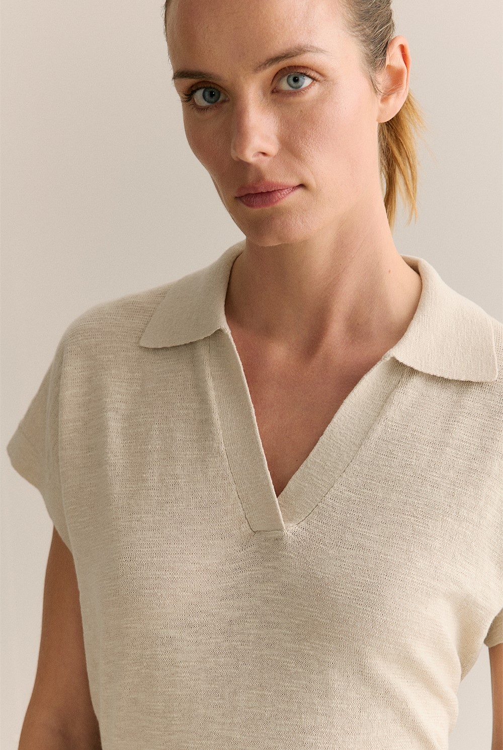 Linen Cotton Knit Relaxed Polo Top