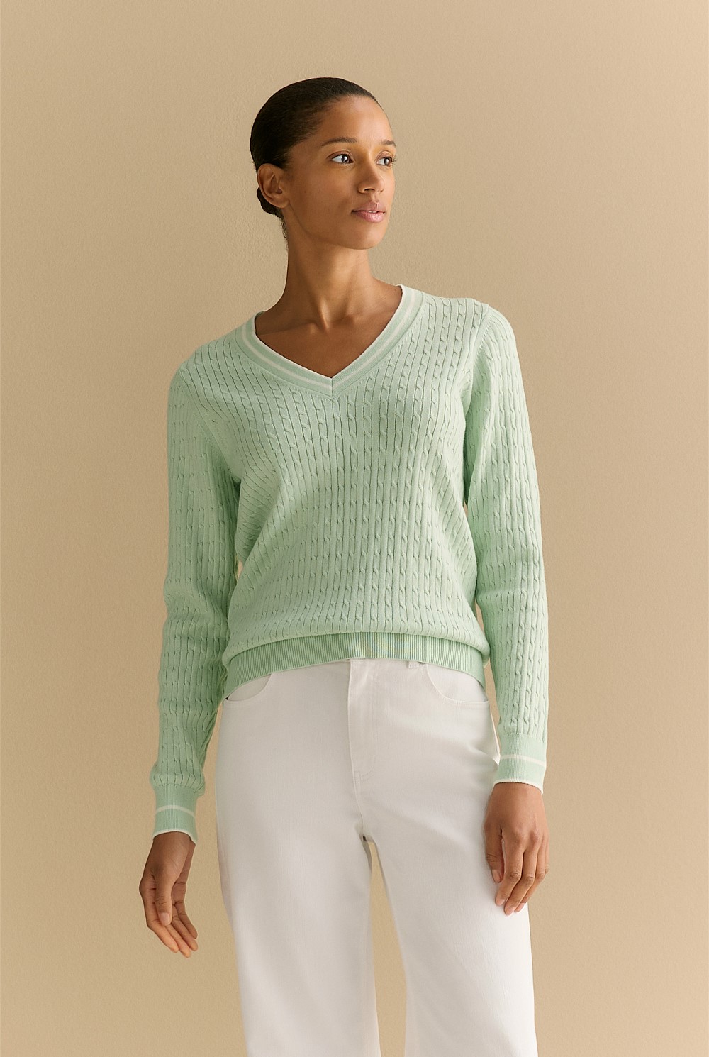 Cotton Cashmere Cable Tipped V Neck Knit