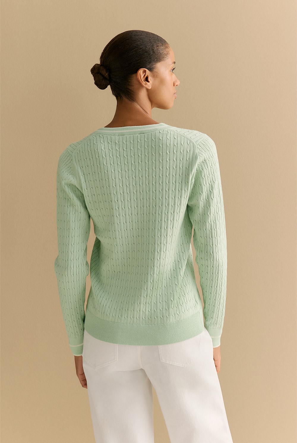 Cotton Cashmere Cable Tipped V Neck Knit