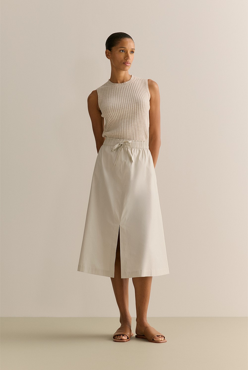 Cotton Poplin Split Front Pull On Skirt