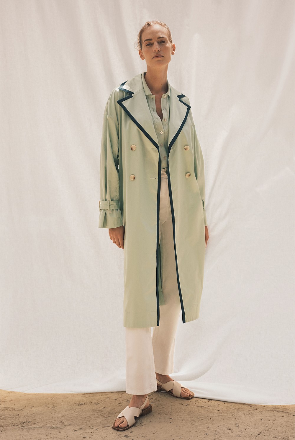 Cotton Sateen Contrast Trim Trench Coat